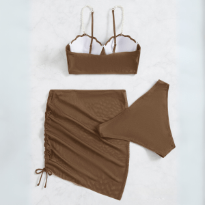 Shell Cup Pearl Strap Bikini 3-Piece Set – Mocha Brown back