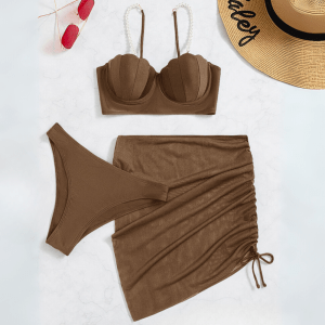 Shell Cup Pearl Strap Bikini 3-Piece Set – Mocha Brown front