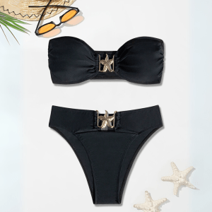 Starfish Accent High-Waist Bandeau Bikini – Black front
