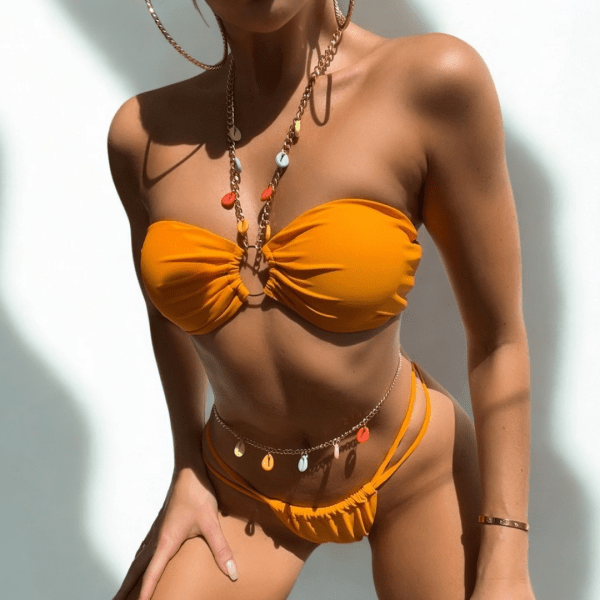 Strapless Halter Bikini Set with Shell Pendant – Sunset Orange