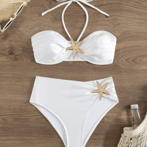 trapless High-Waist Bikini Set with Gold Starfish – Pure White detail